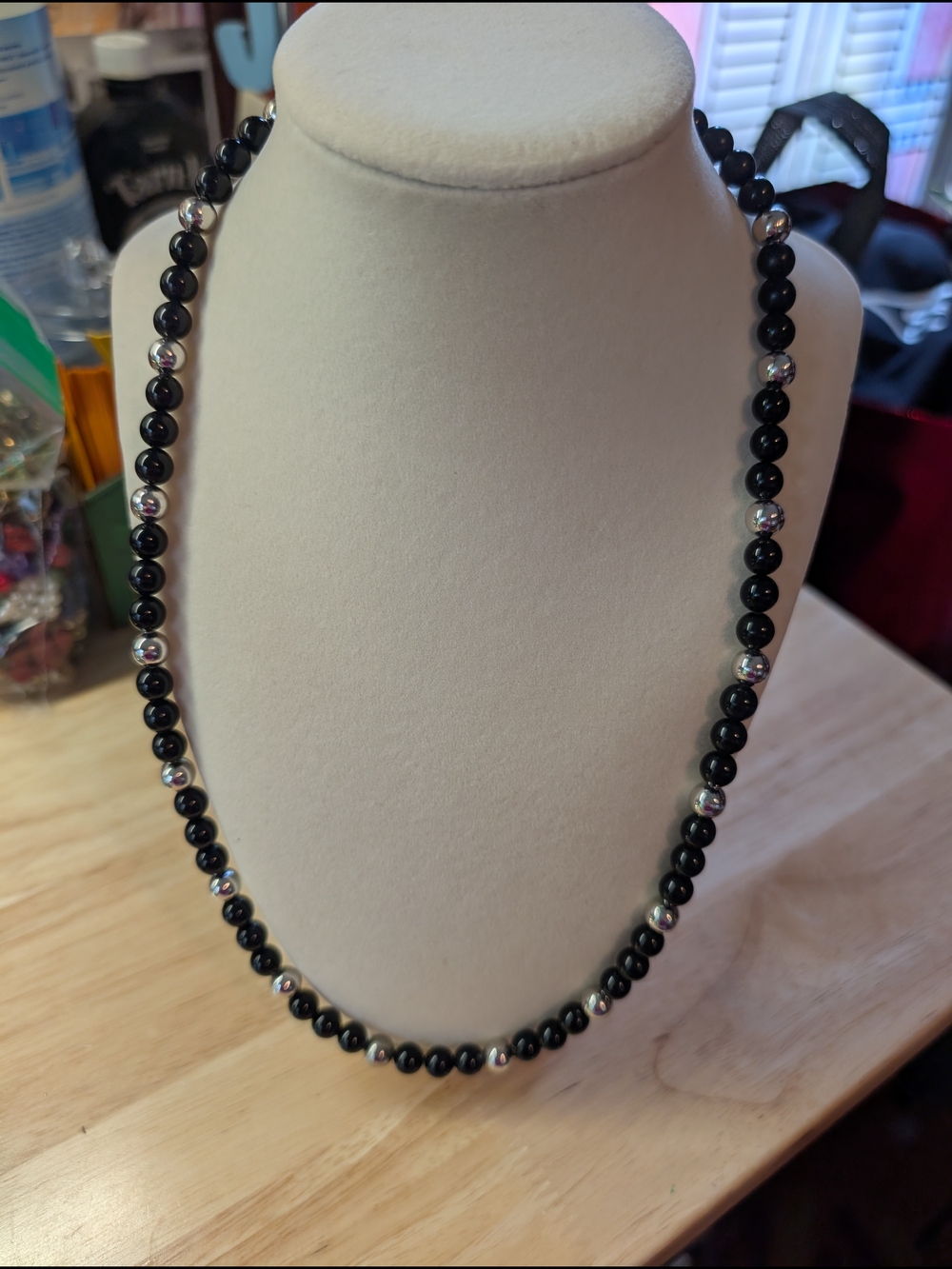 Black Beaded Necklace with Silver Accent Beads - Women Jewelry